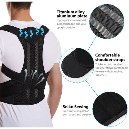 Breathable Back Posture Corrector for Men and Women with adjustable shoulder straps for a comfortable fit.