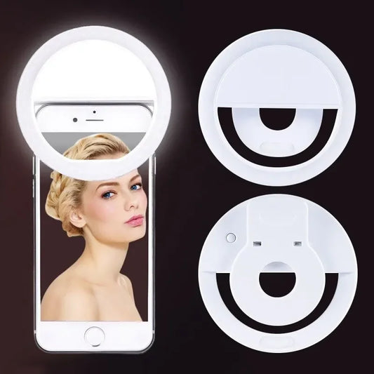 LED Selfie Ring Light: USB-rechargeable clip-on ring light compatible with iPhone, Samsung, and other smartphones.